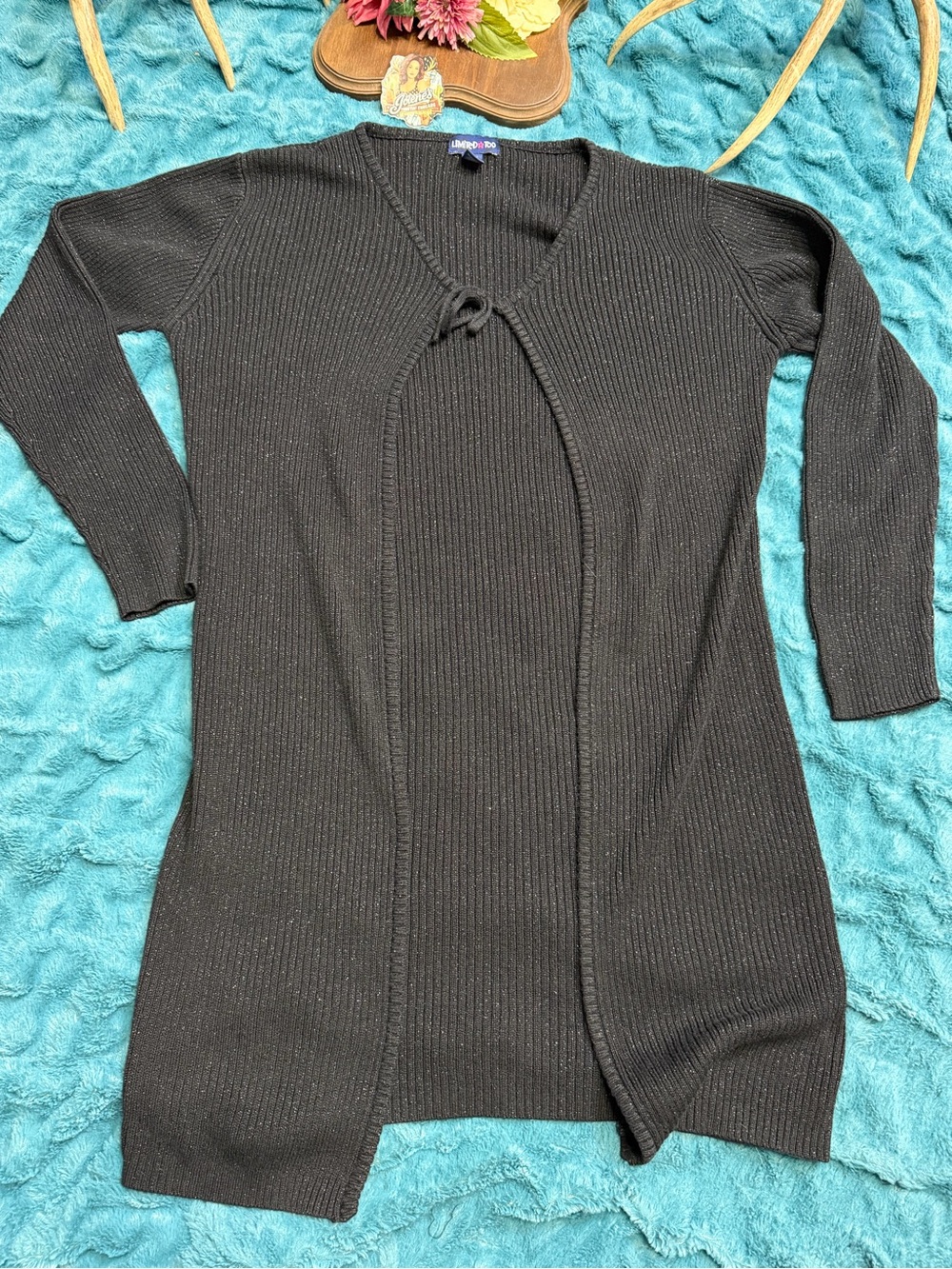 Limited Too Vintage Girls XL 16 Black Metallic Ribbed Tie Front Long Cardigan